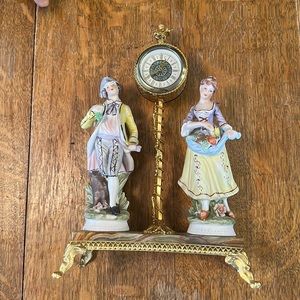 Vintage West Germany Porcelain Figurines, Brass, Marble Base Windup Clock 12.5”